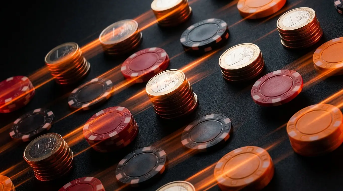 Euro munten en casino chips met oranje gloed en bewegingseffect