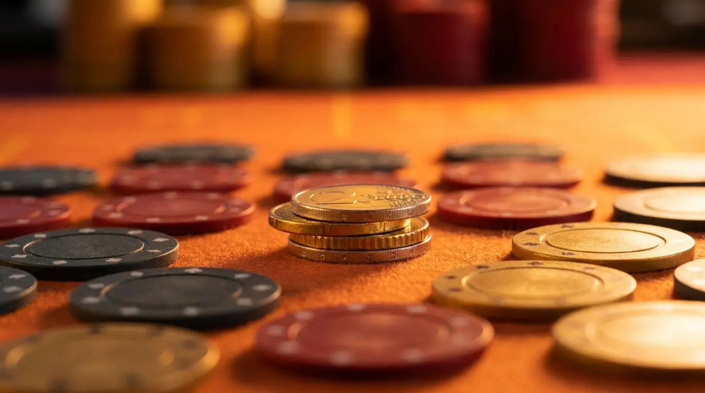Euro munten en casinofiches op oranje vilt met warme verlichting