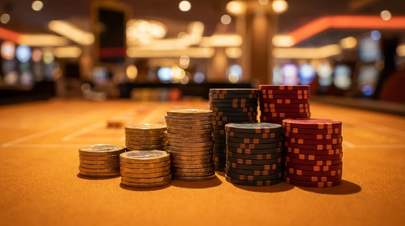 Euromunten en pokerfiches op oranje tafel in casino sfeer