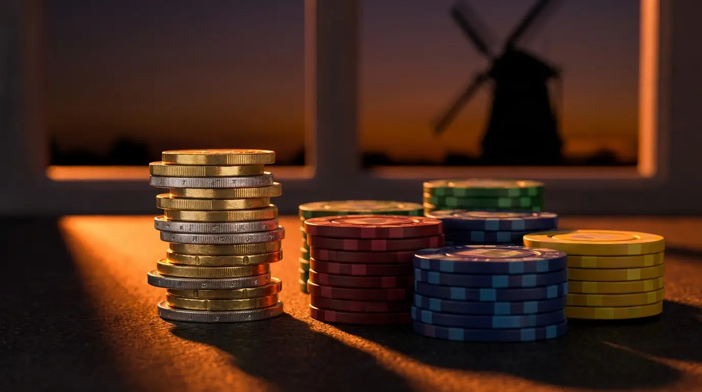 Euro munten en casino fiches met Nederlandse windmolen achtergrond