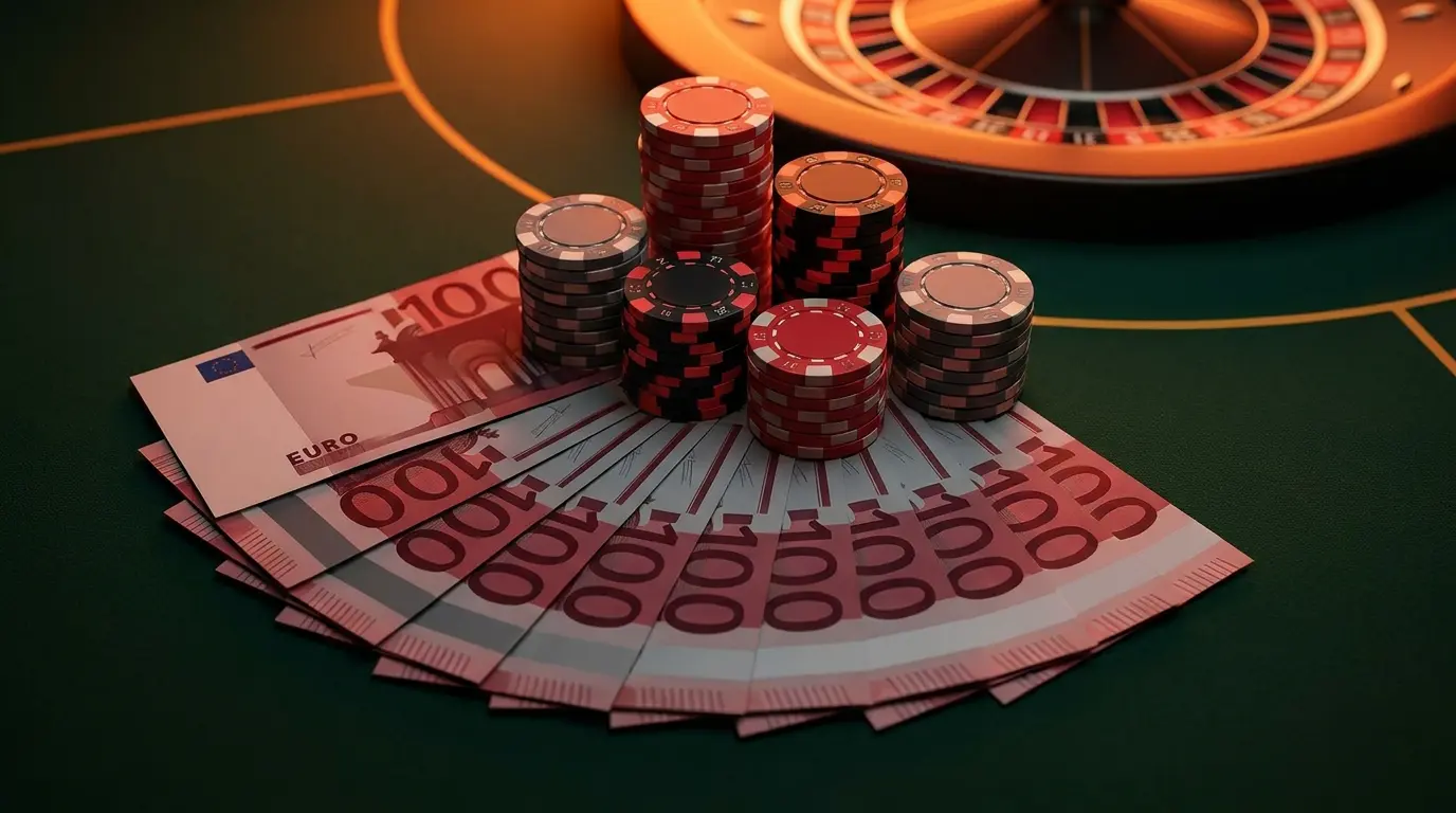 Eurobiljetten en casinofiches op groene speeltafel