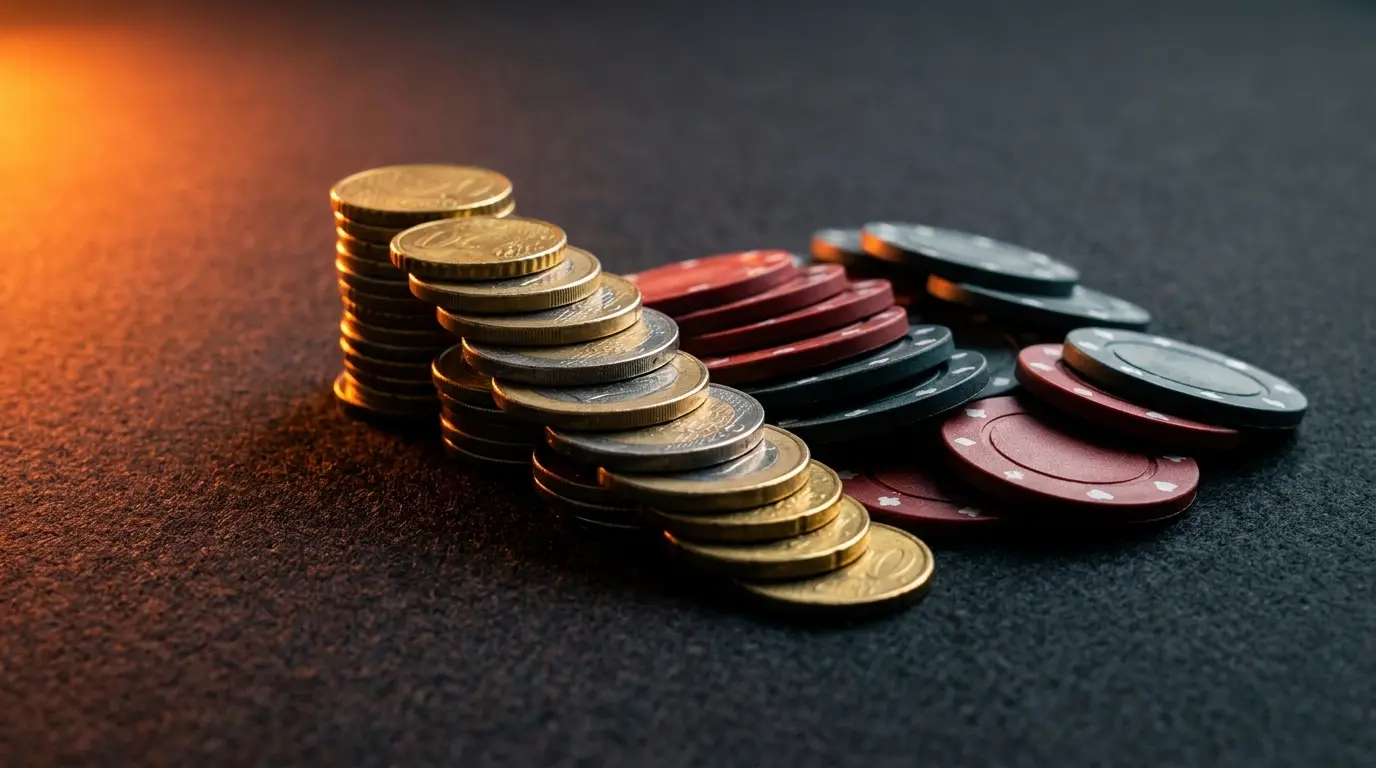 Gestapelde euromunten naast pokerfiches met dramatische belichting