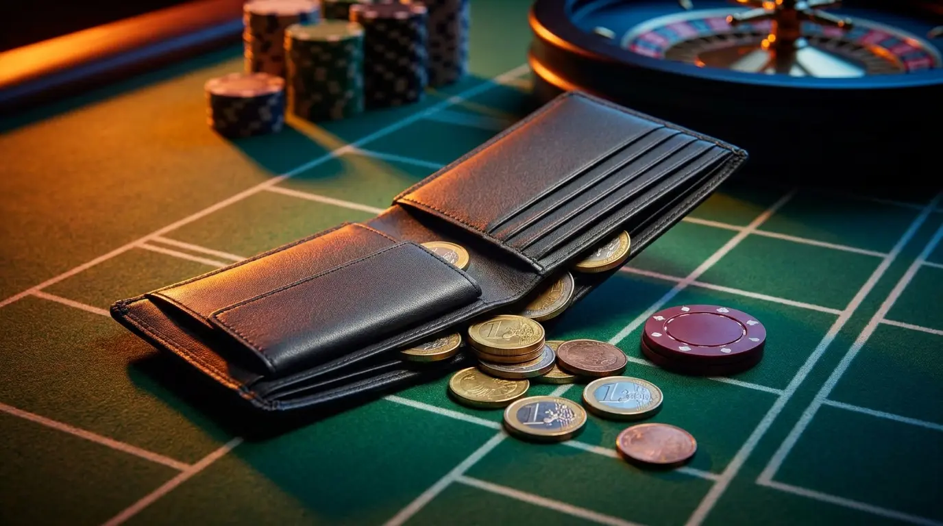 Portemonnee met euromunten op casinotafel in oranje en blauw