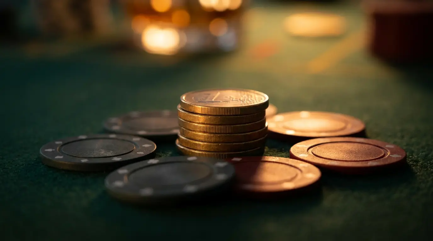 Vijf euro munten gestapeld op casino tafel met fiches