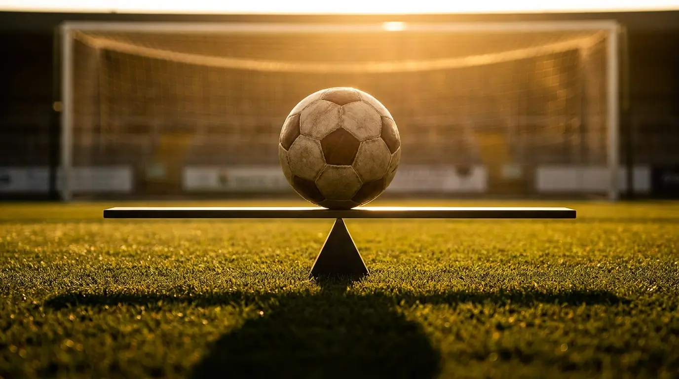 Voetbal balancerend op weegschaal symboliseert over/under wedden