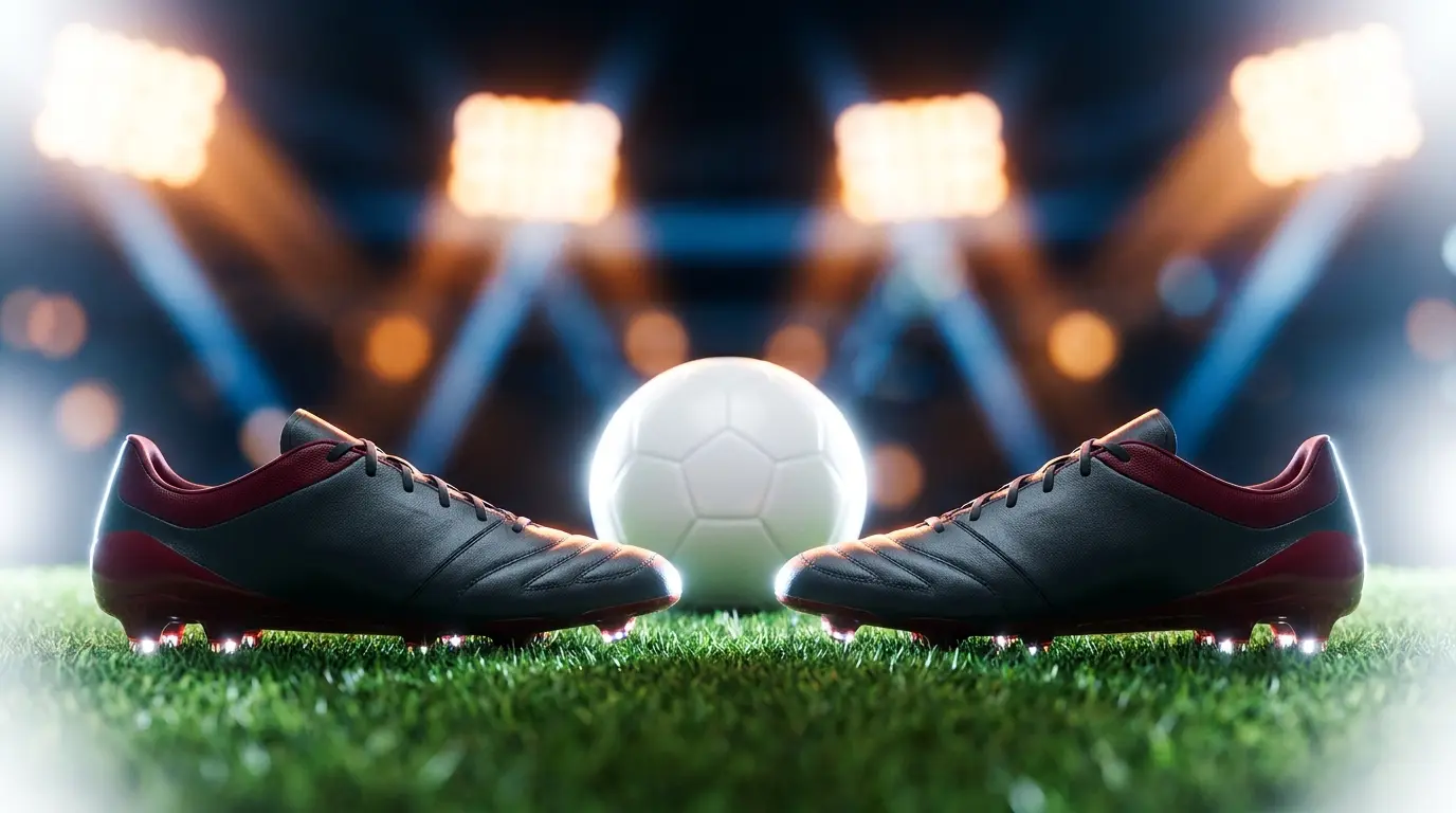Voetbalschoenen en bal op veld met Nederlandse kleuren