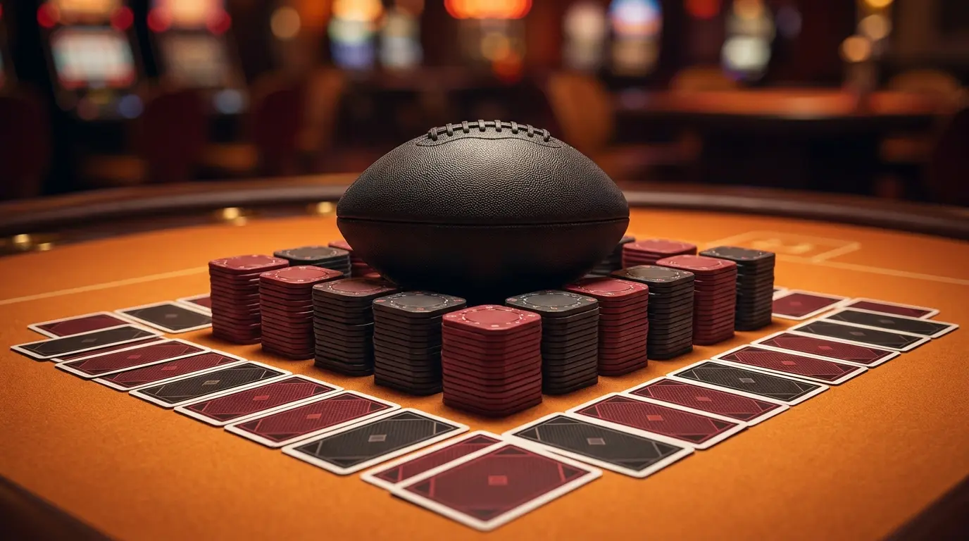 Voetbal en casinofiches op oranje tafel met speelkaarten