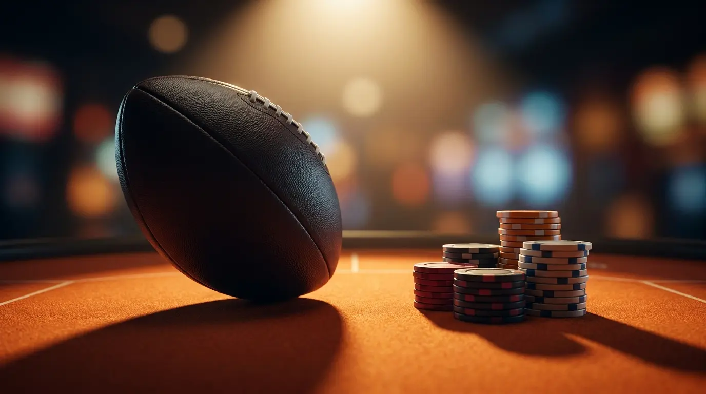 Voetbal en casino chips in Nederlandse kleuren op vilt oppervlak