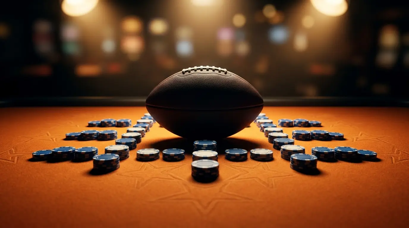 Voetbal met casino chips in Nederlandse kleuren op oranje vilt