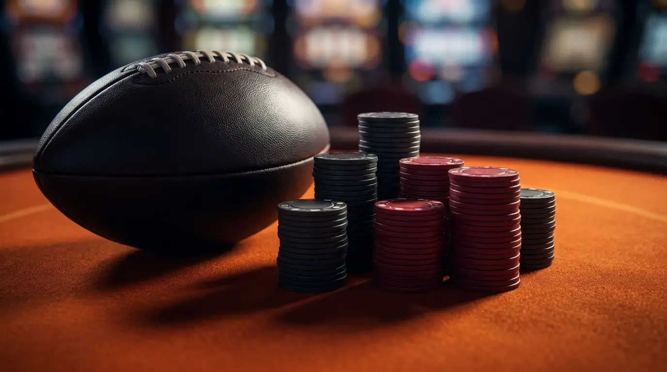 Voetbal en casinochips op oranje tafel met dramatische belichting