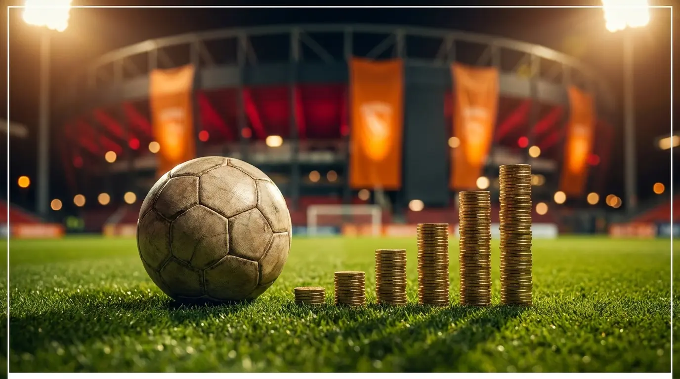 Voetbal met muntstapels op veld, Nederlandse oranje accenten