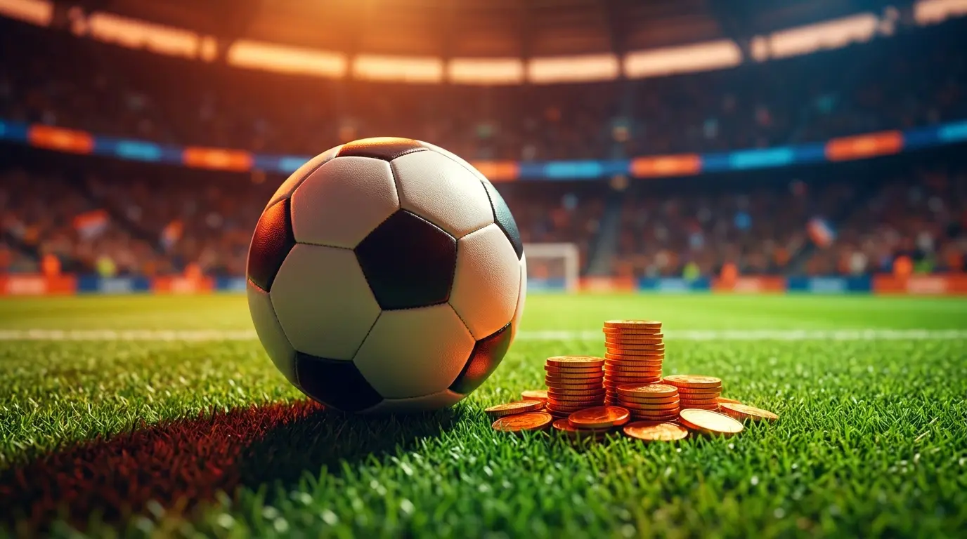 Voetbal met gestapelde munten op grasveld in stadionsfeer