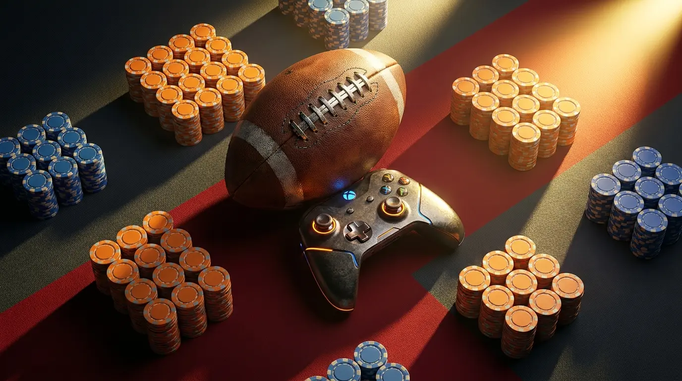 Voetbal met game controller en casino chips