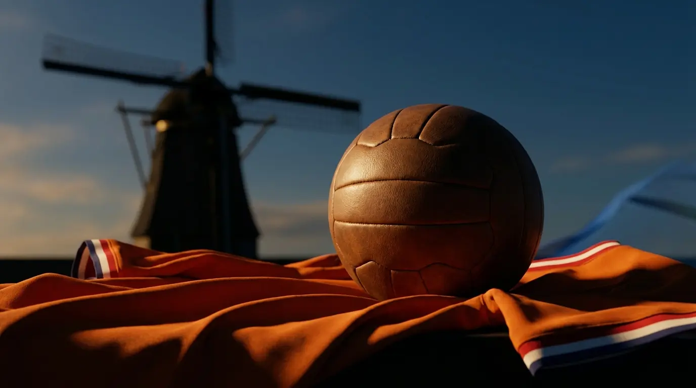 Voetbal met Nederlandse kleuren en windmolen op achtergrond