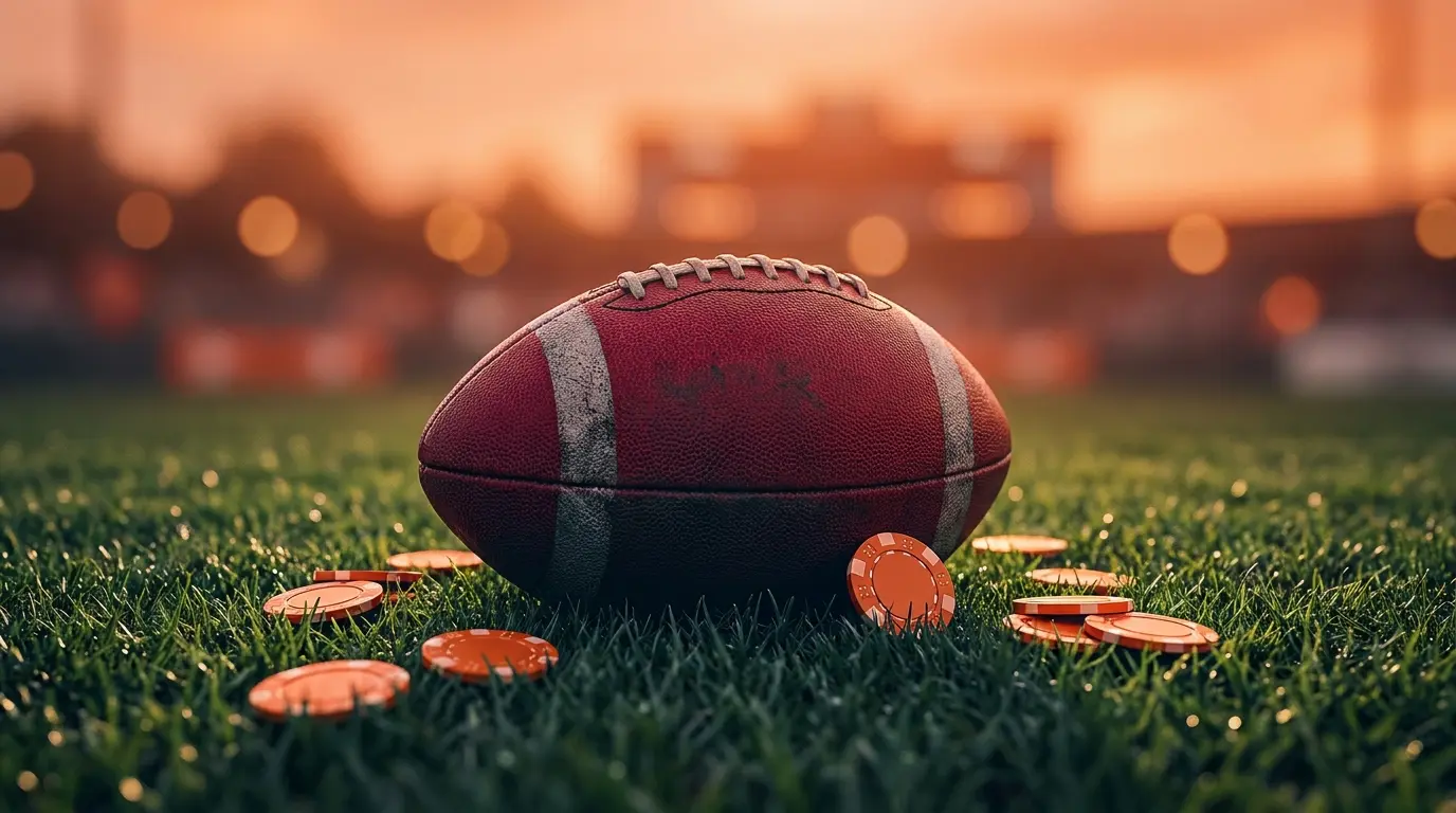 Voetbal met oranje fiches op groen gras in stadionsfeer