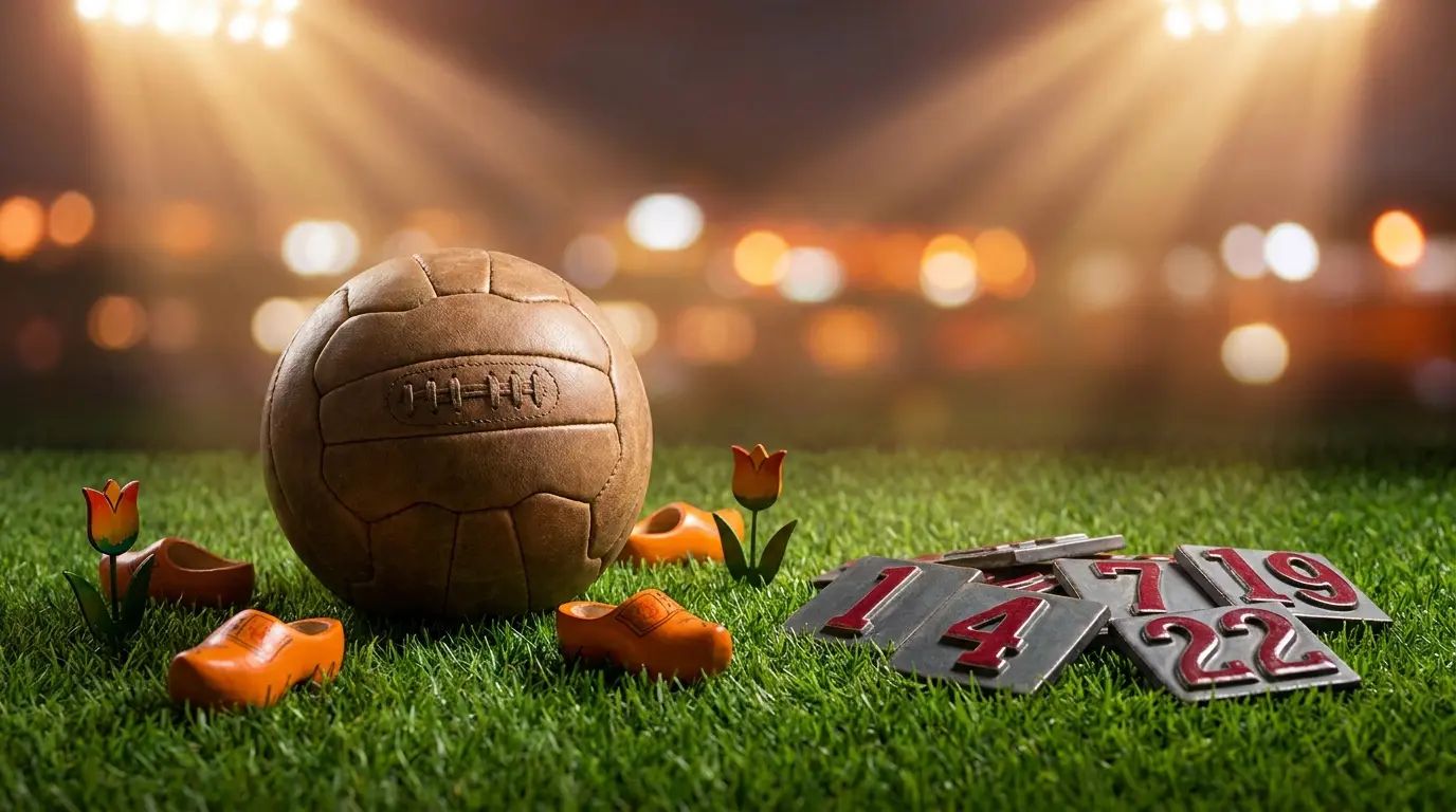 Voetbal met Nederlandse oranje decoratie op grasveld