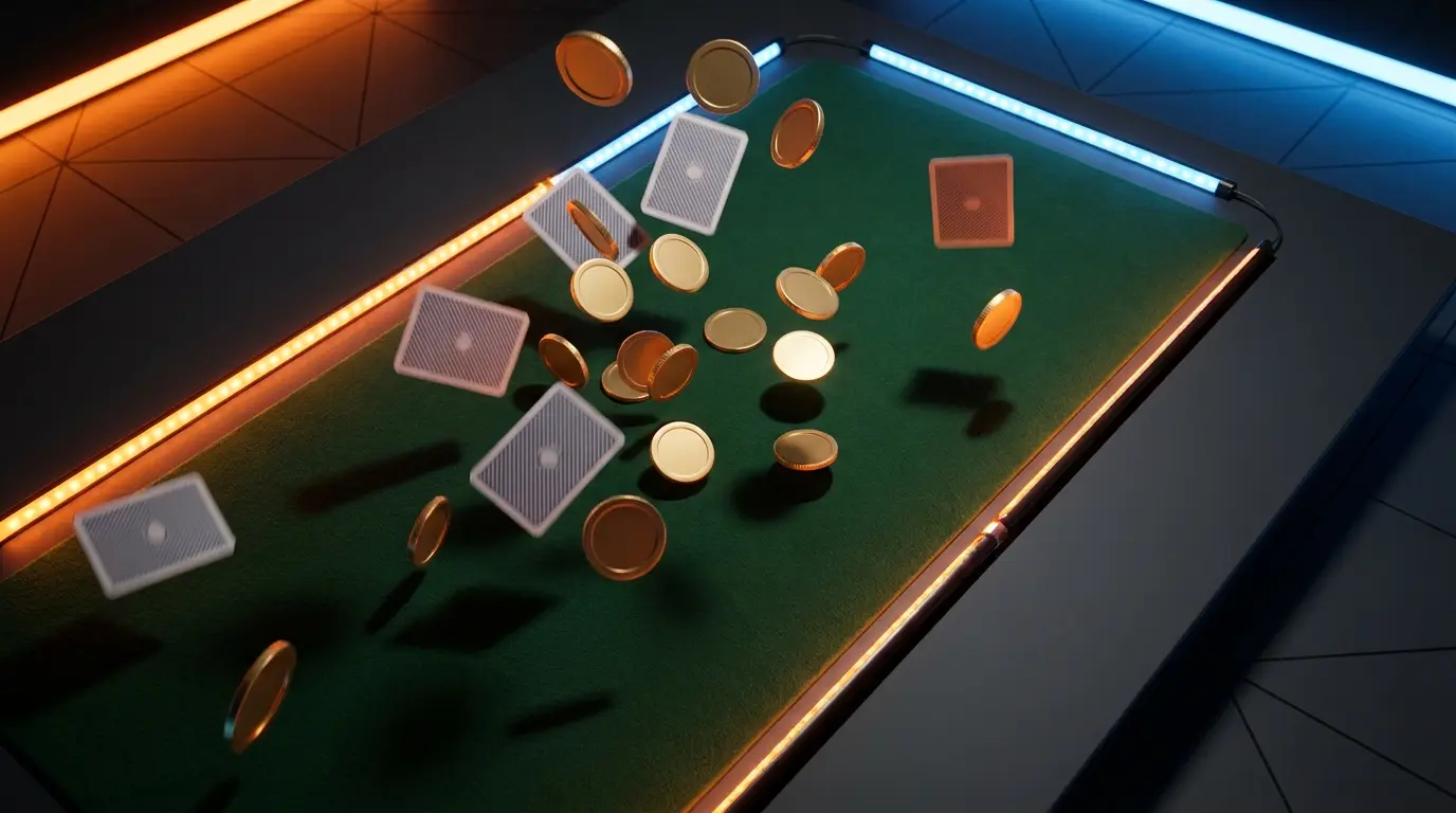 Gouden munten vallen op groene speeltafel met pokerkaarten