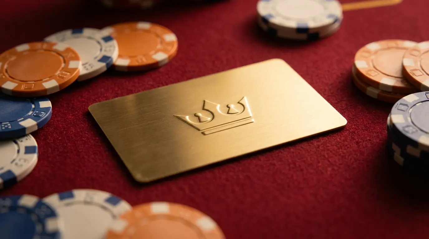 Gouden loyaliteitskaart met pokerfiches op rood casino vilt