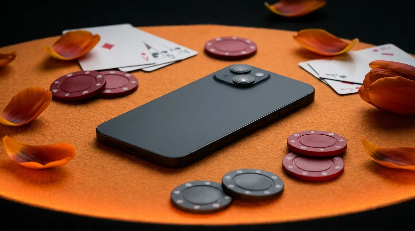 Smartphone met casinofiches en speelkaarten in oranje sfeerverlichting
