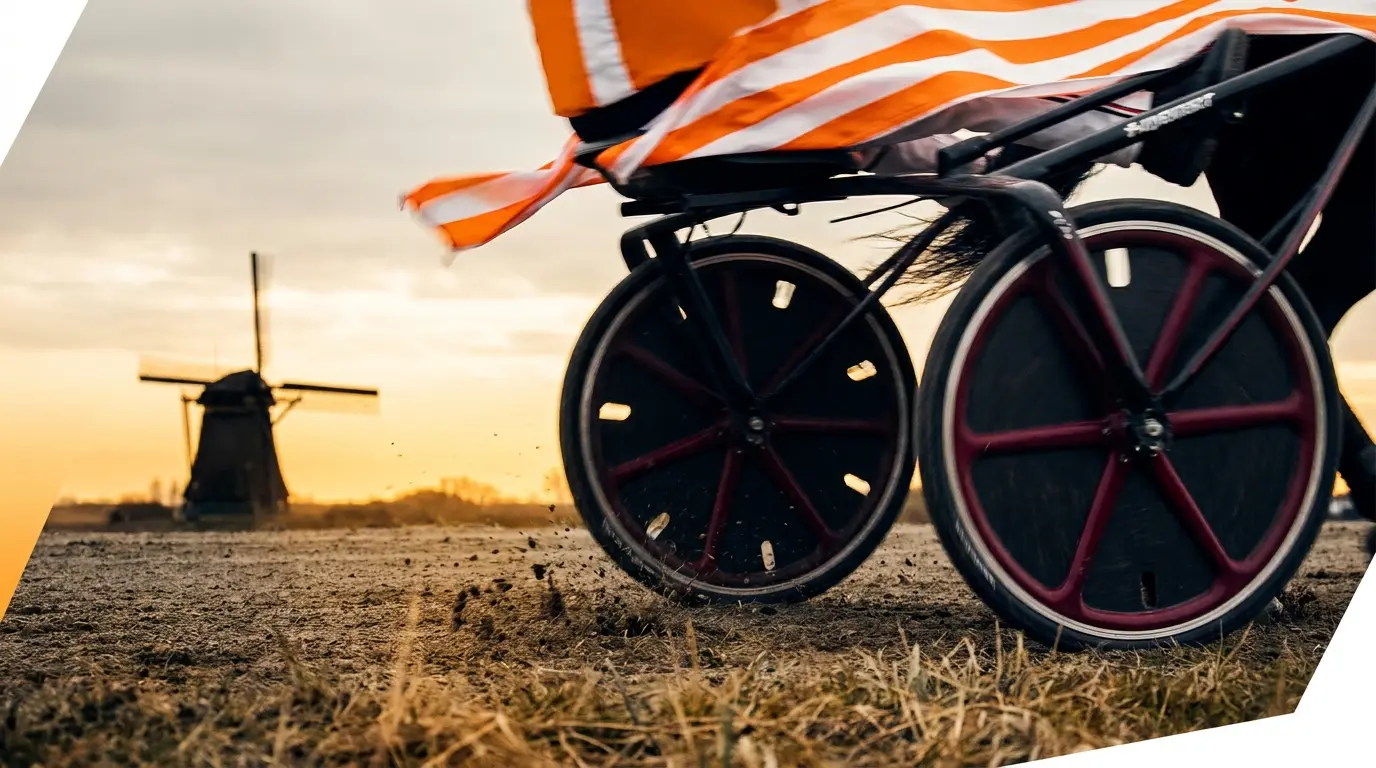 Drafrennen actie met oranje racesilks en windmolen achtergrond