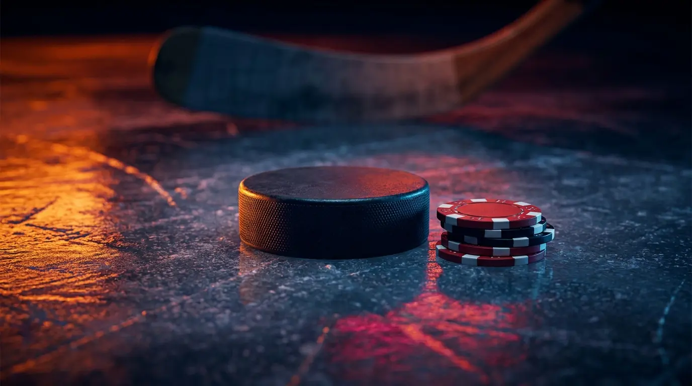IJshockeypuck met speelfiches op ijs in Nederlandse kleuren