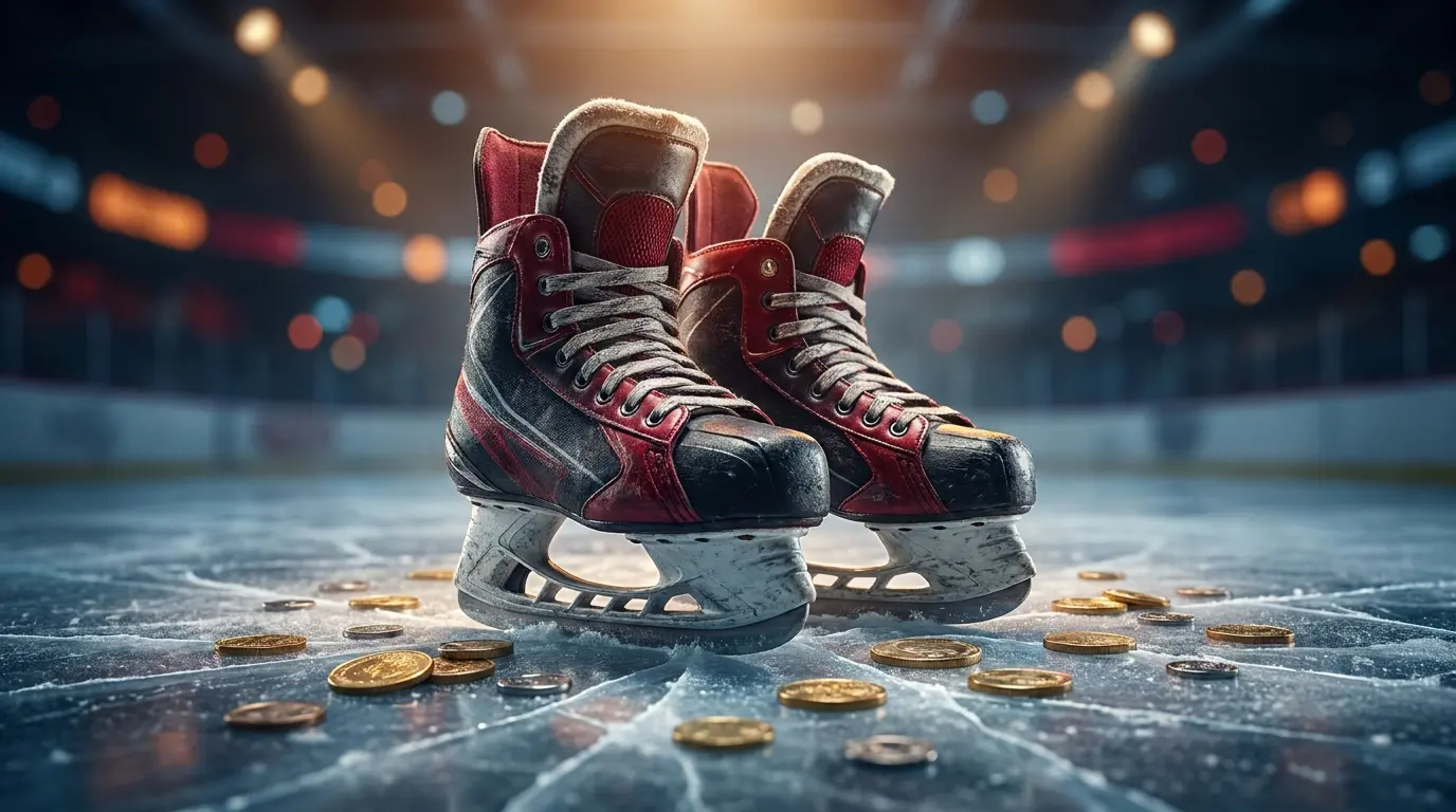 IJshockeyschaatsen met munten op ijsbaan in BeNeLux kleuren