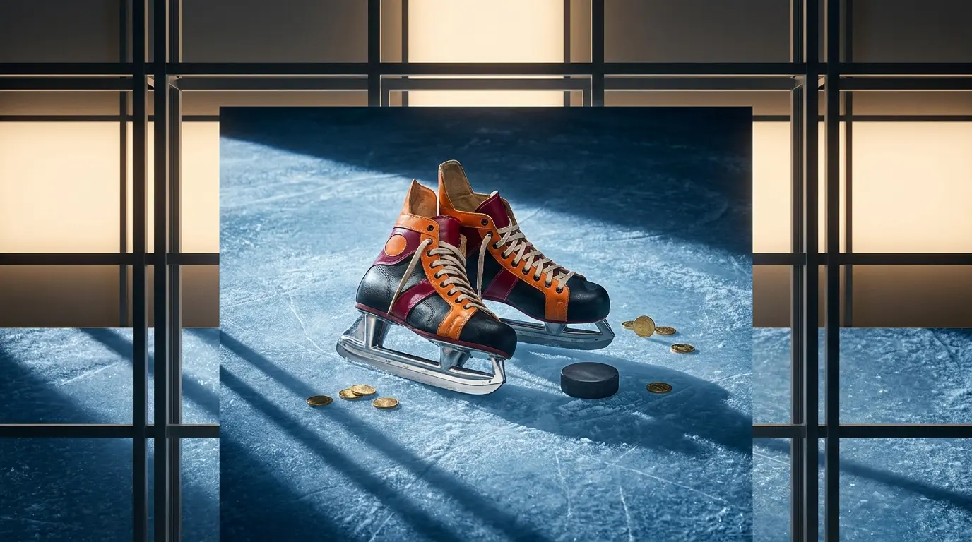 Schaatsen op ijs met munten en hockey puck in Nederlands thema
