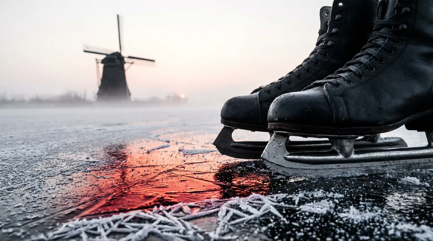 Schaatsen op bevroren kanaal met Nederlandse windmolen