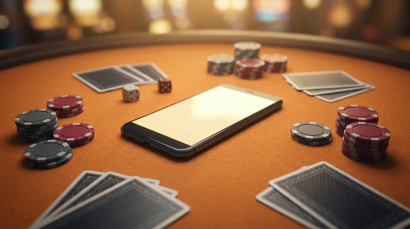 Smartphone op oranje casino tafel met speelfiches en kaarten