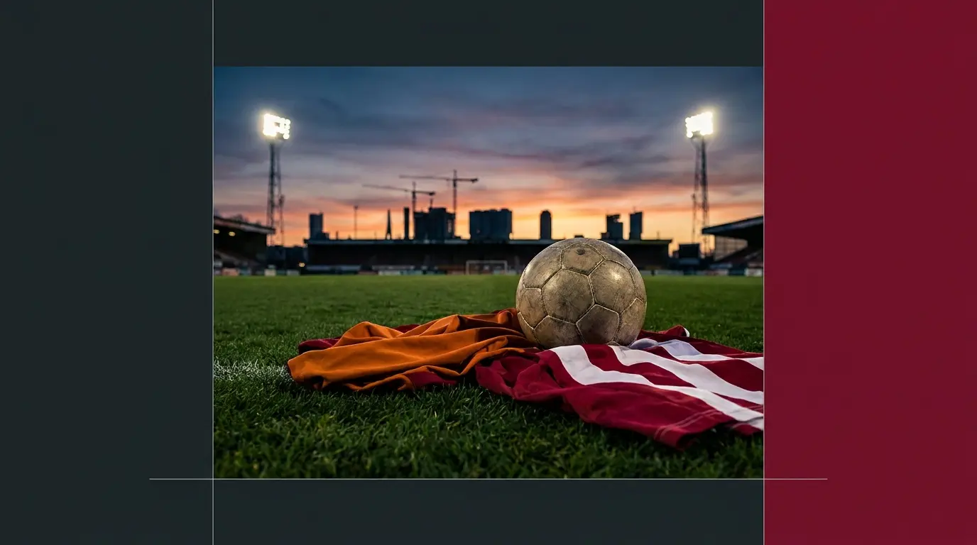 Voetbal met clubkleuren en Rotterdam skyline bij zonsondergang