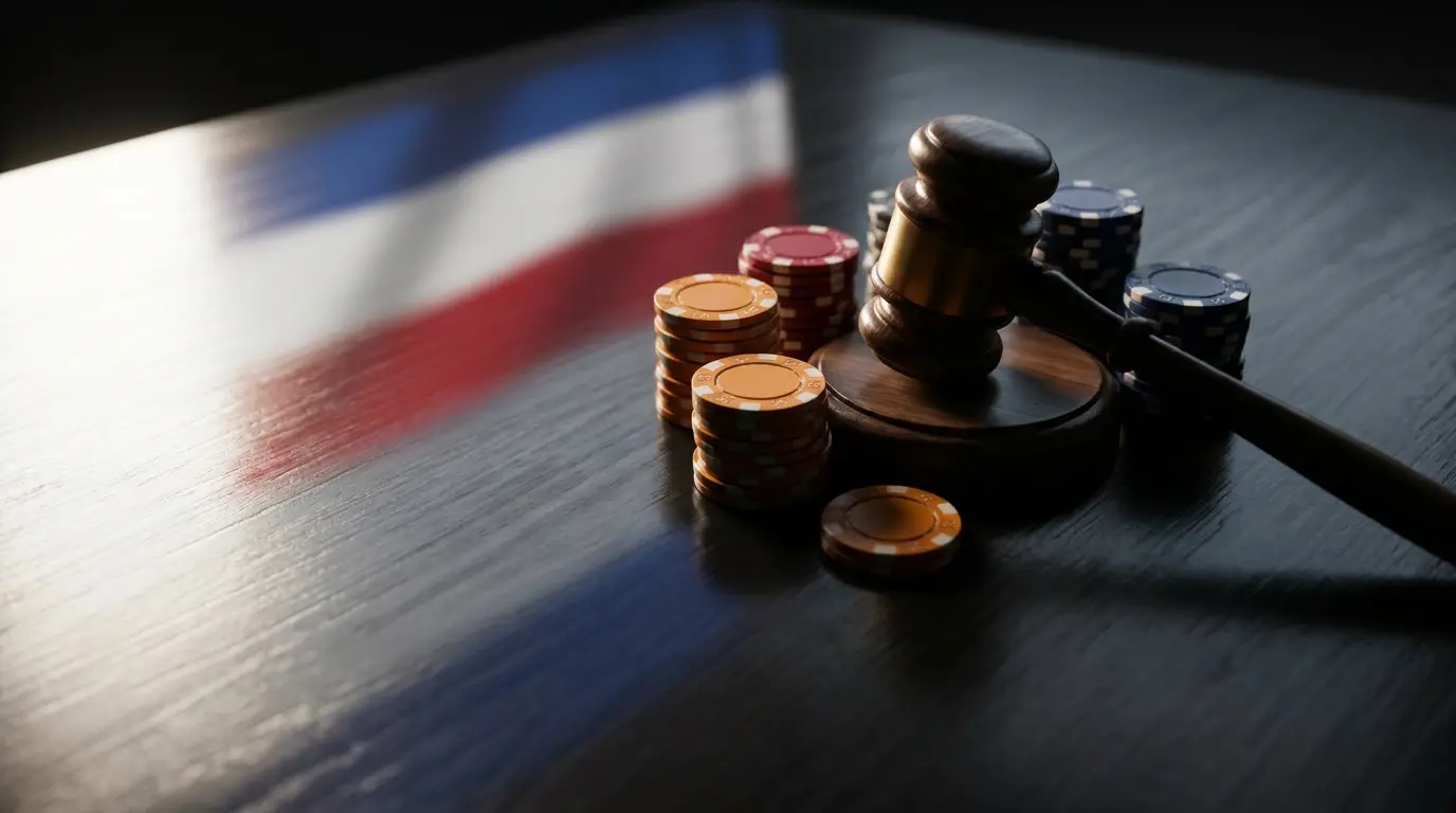 Hamer en casinofiches in Nederlandse vlagkleuren