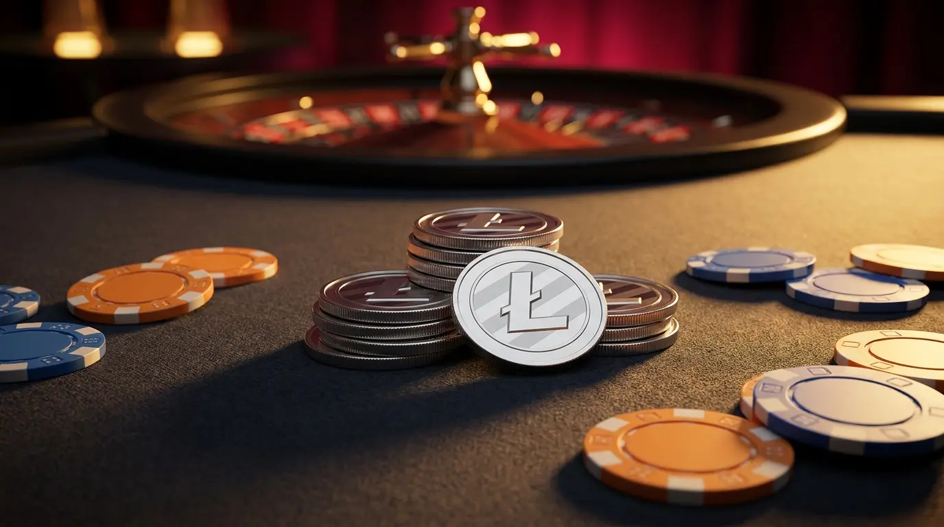 Litecoin munten op casinotafel met poker chips en roulette