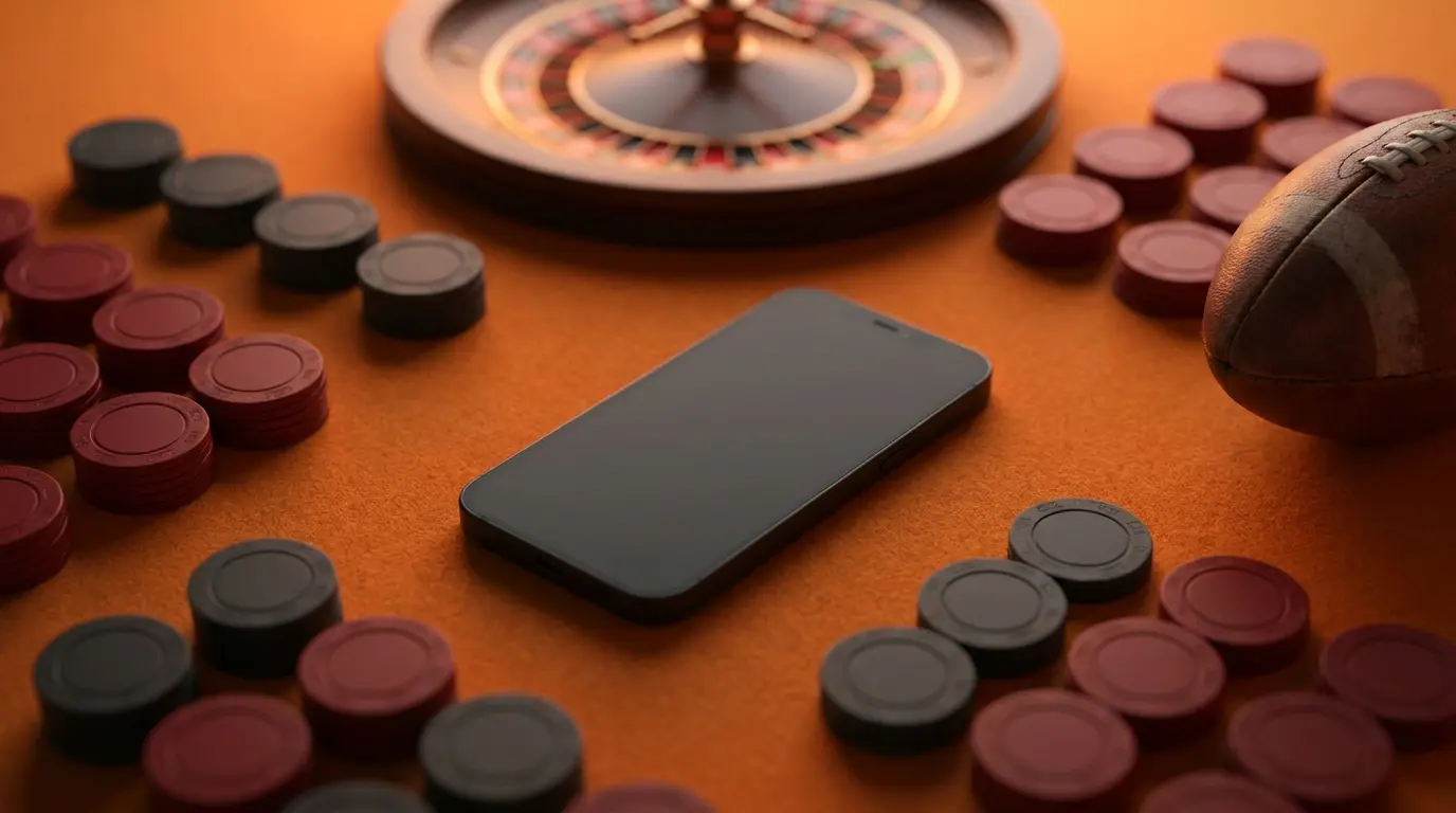 Smartphone met casino chips en voetbal in oranje sfeerverlichting