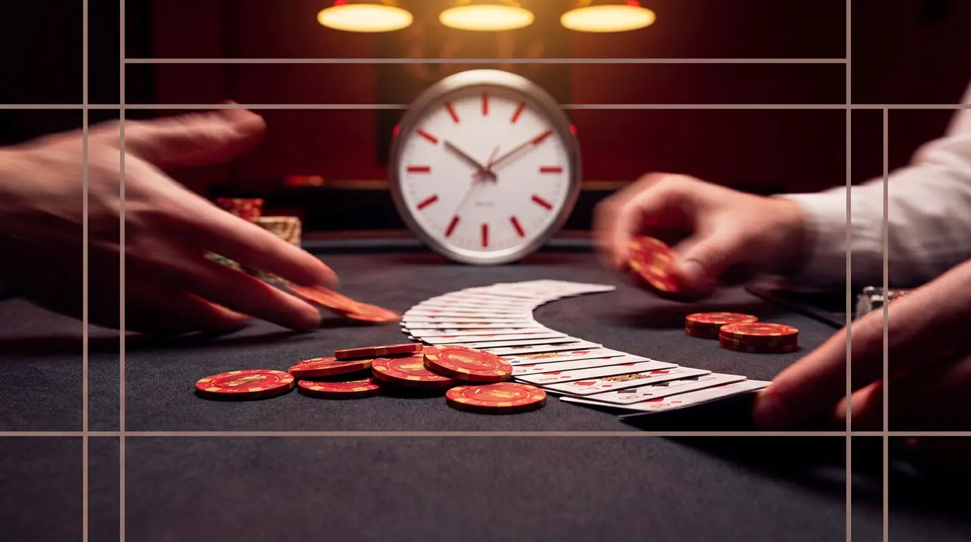 Speelkaarten en fiches op casino tafel met klok