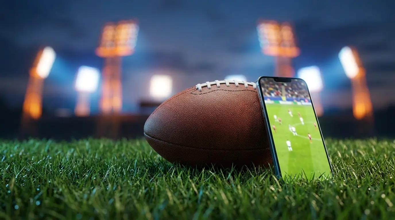Voetbal en smartphone op grasveld met stadionverlichting