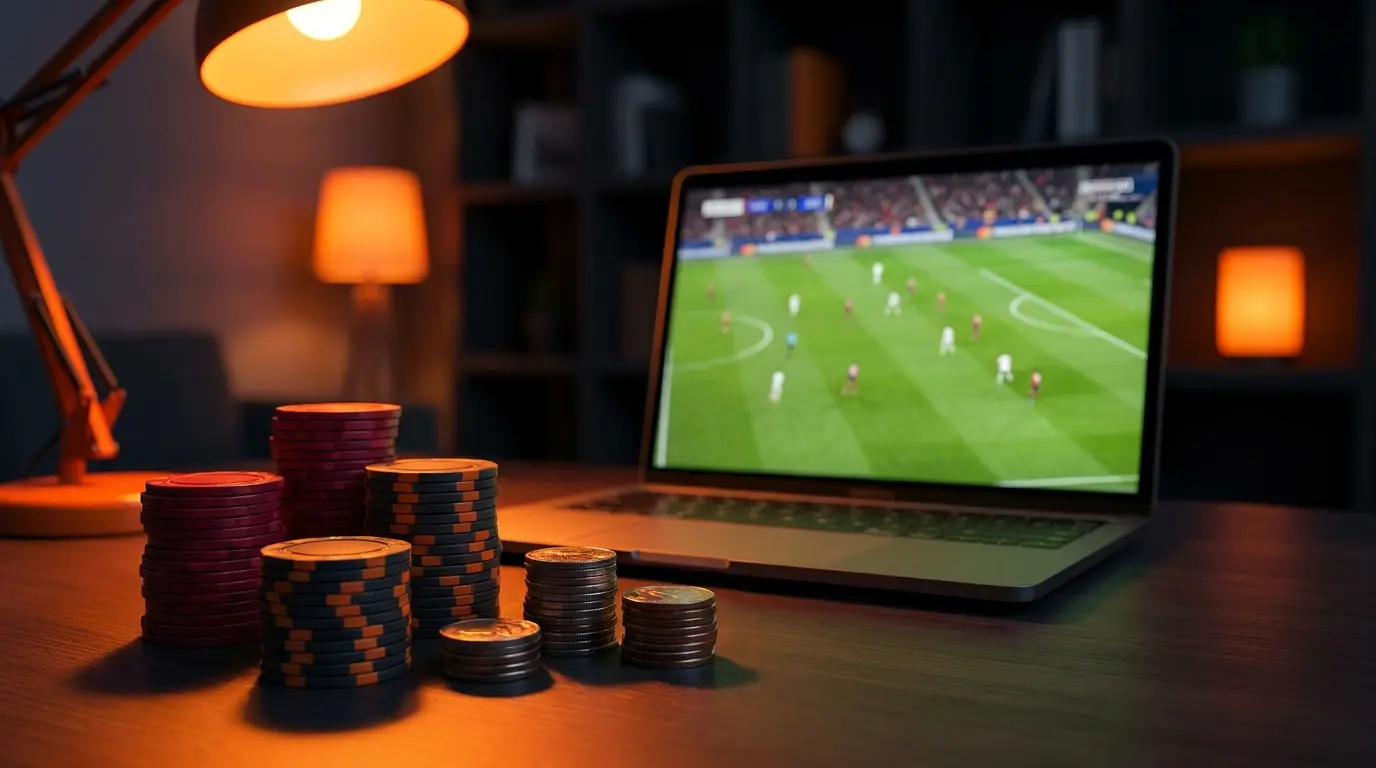 Laptop met live voetbal en gokchips op bureau