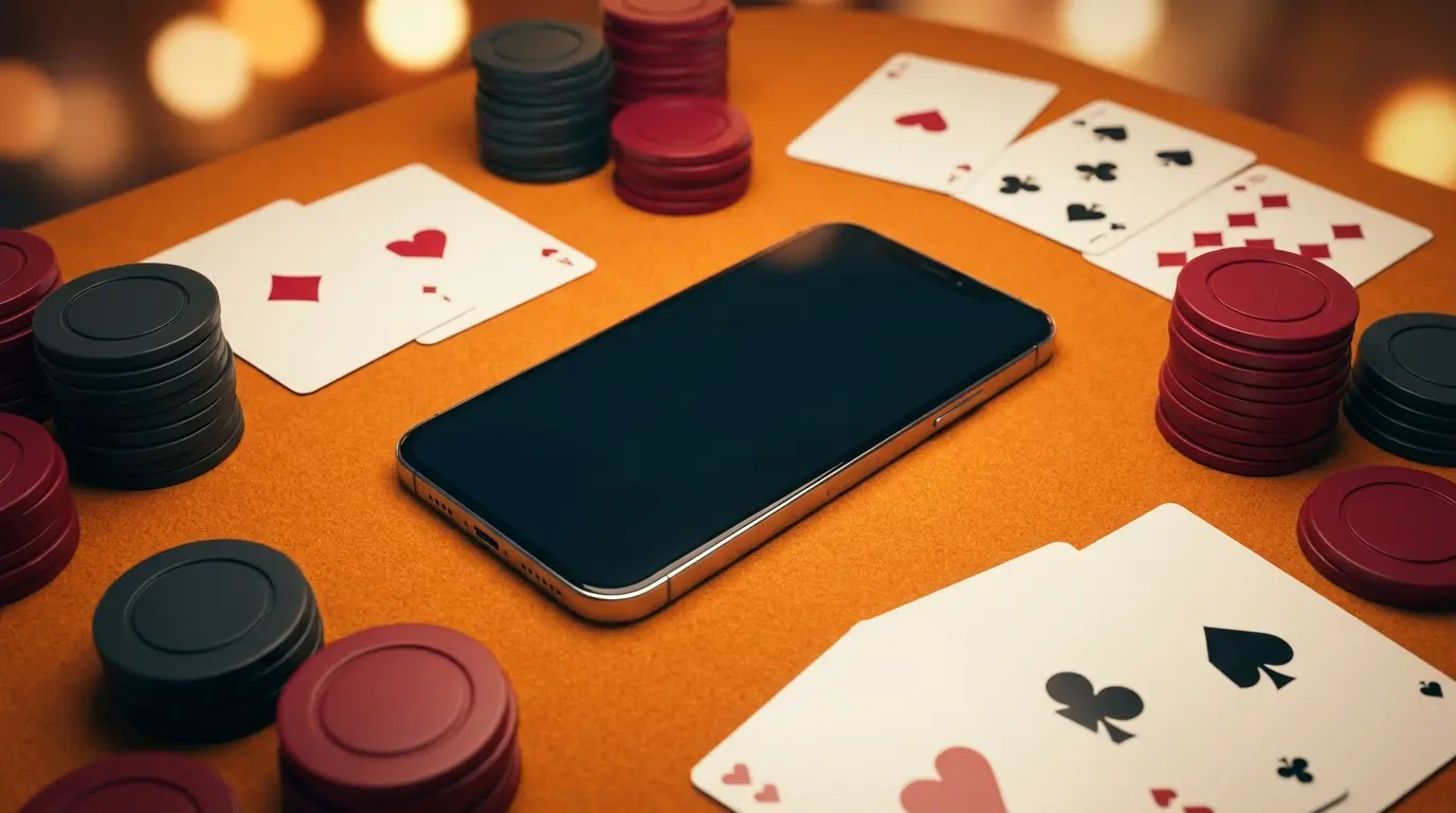 Smartphone op casino tafel met speelkaarten en fiches
