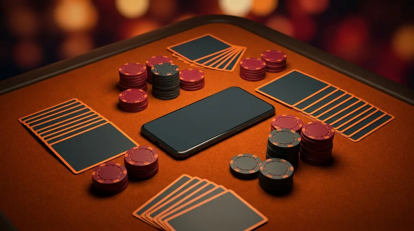 Smartphone met poker chips en speelkaarten op oranje casino tafel