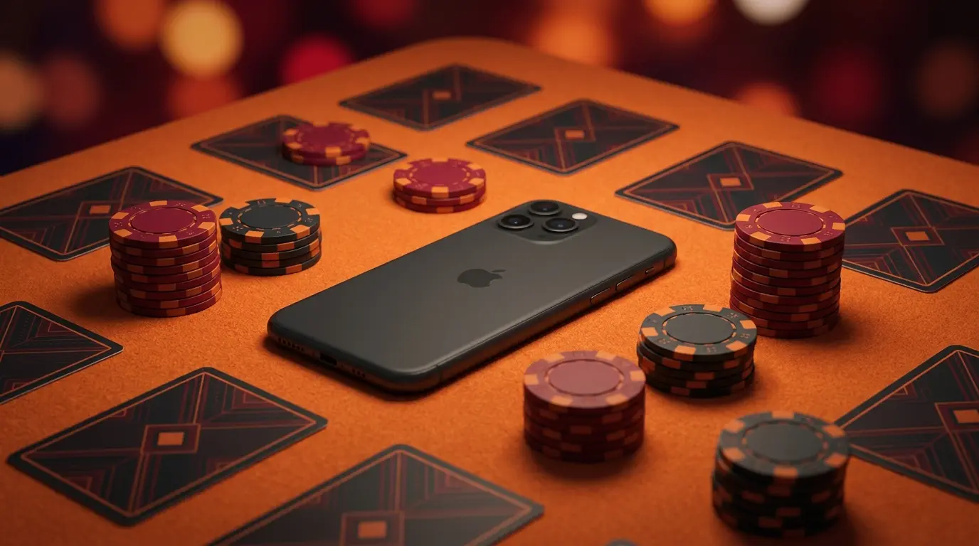 Smartphone omringd door casino chips en speelkaarten