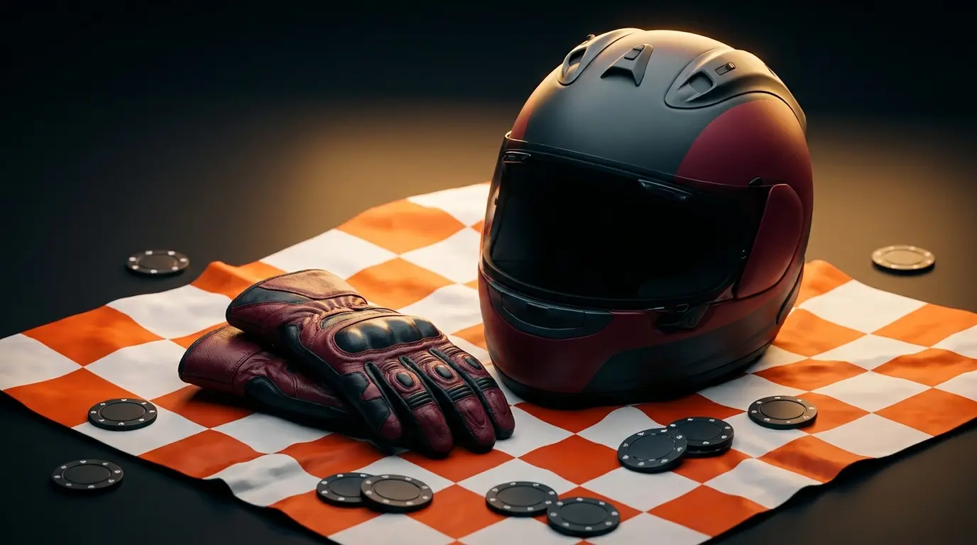 MotoGP helm en handschoenen met gokchips op racebaan vlag