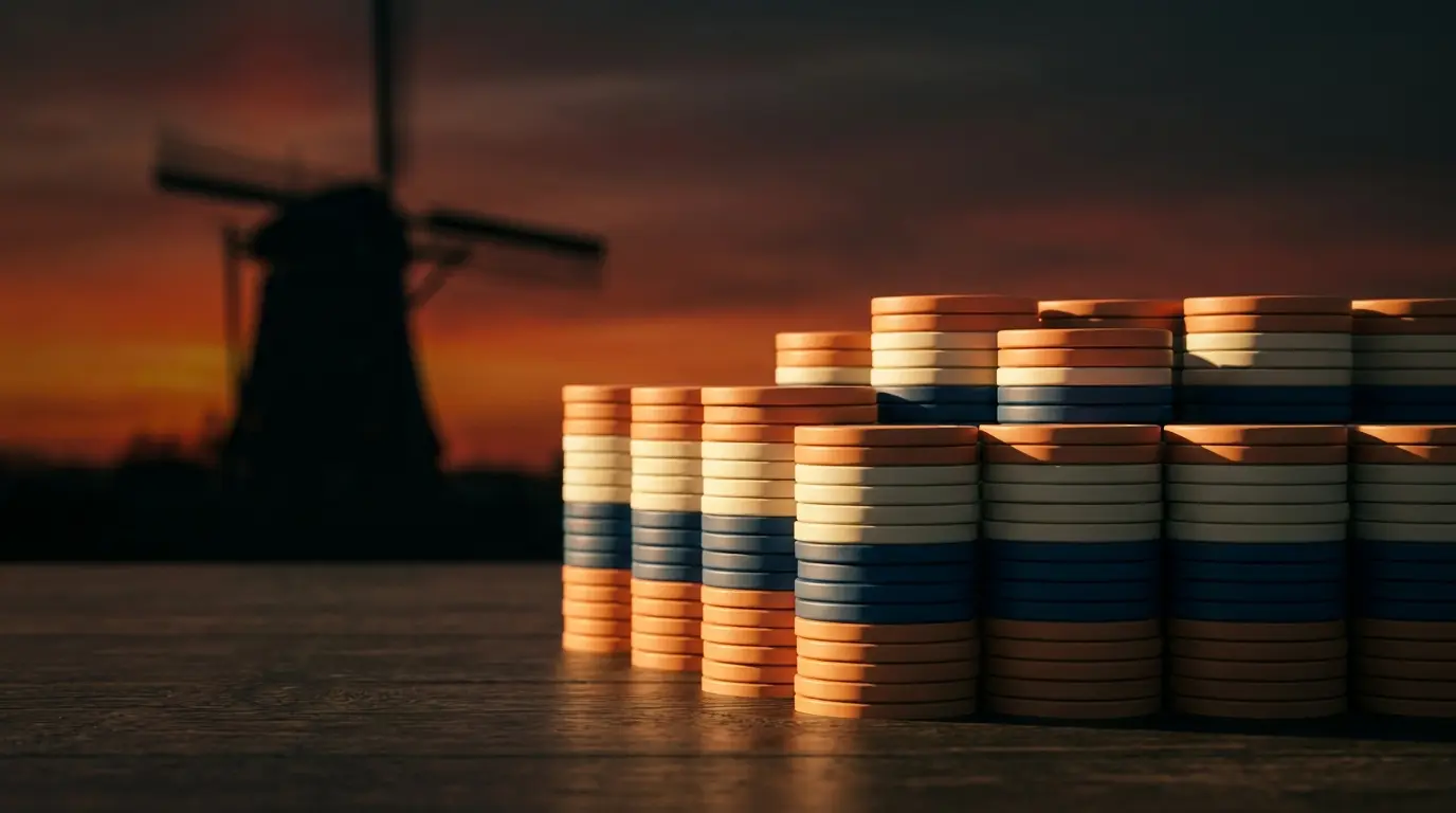 Casino chips in Nederlandse kleuren met windmolen op achtergrond