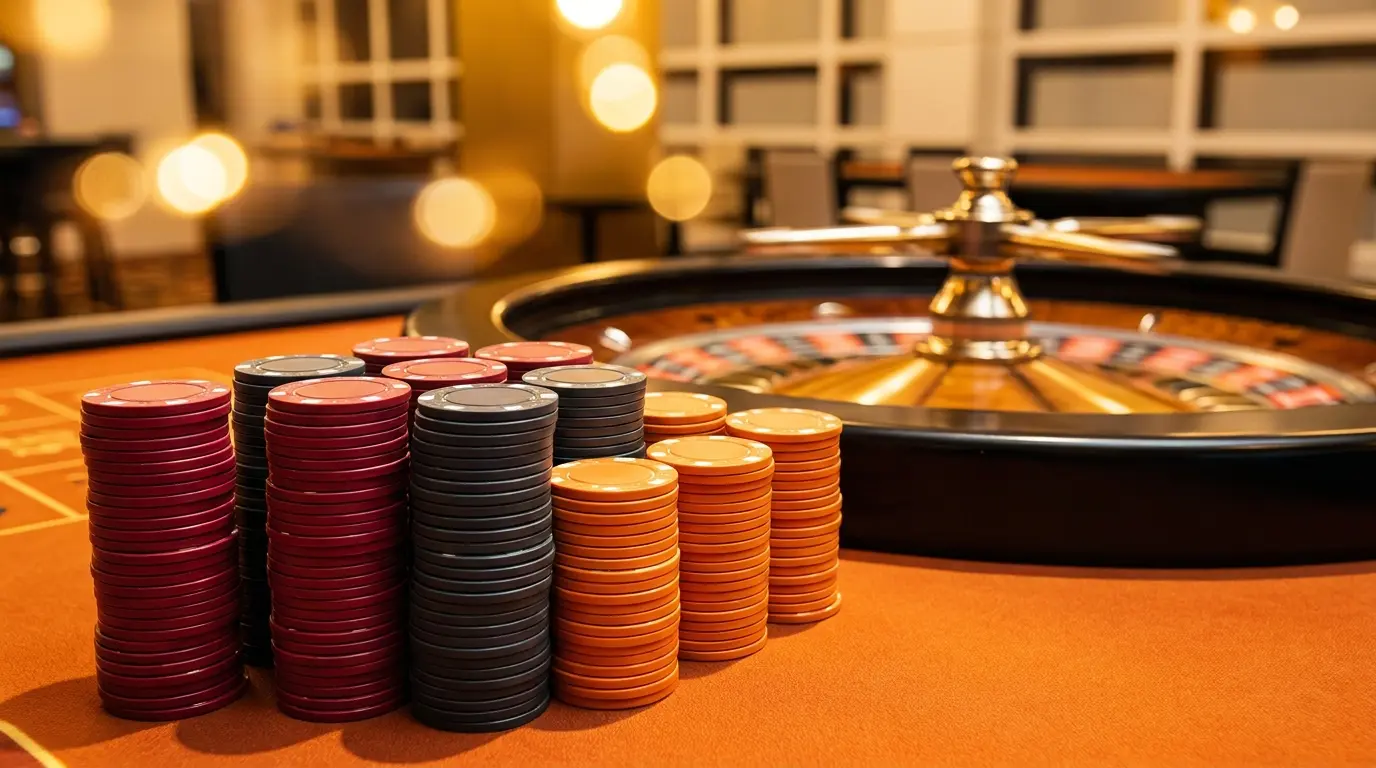 Casinofiches gestapeld op een oranje tafel met roulettewiel