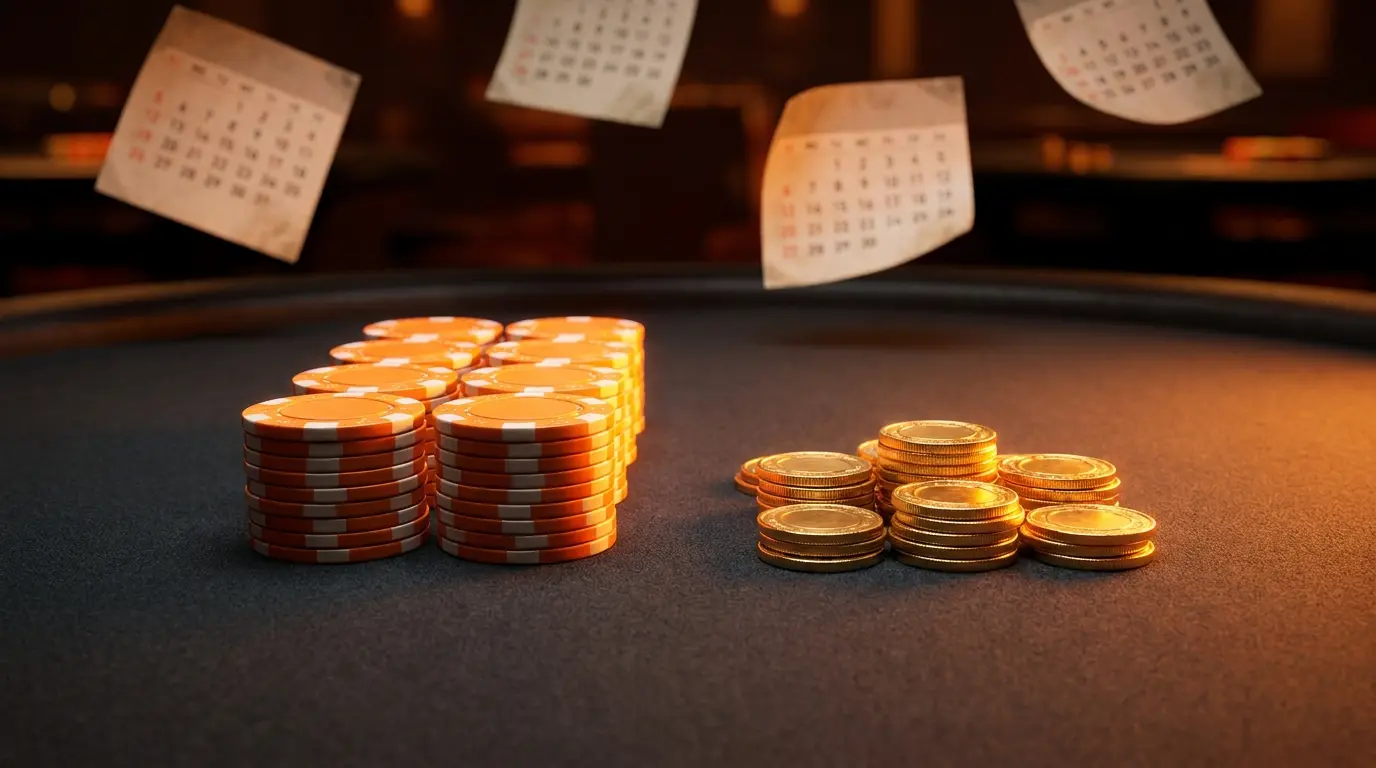 Pokerfiches en munten met oranje verlichting op casinotafel