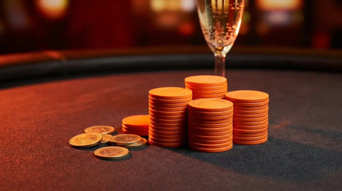 Pokerfiches en euromunten op casinotafel met Nederlandse kleuren