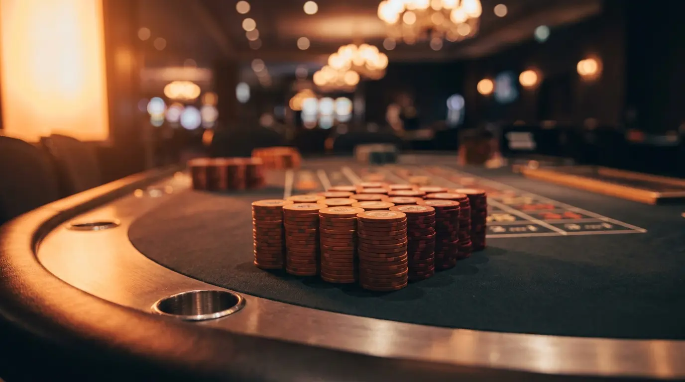 Oranje casinochips op groene speeltafel met sfeervolle verlichting