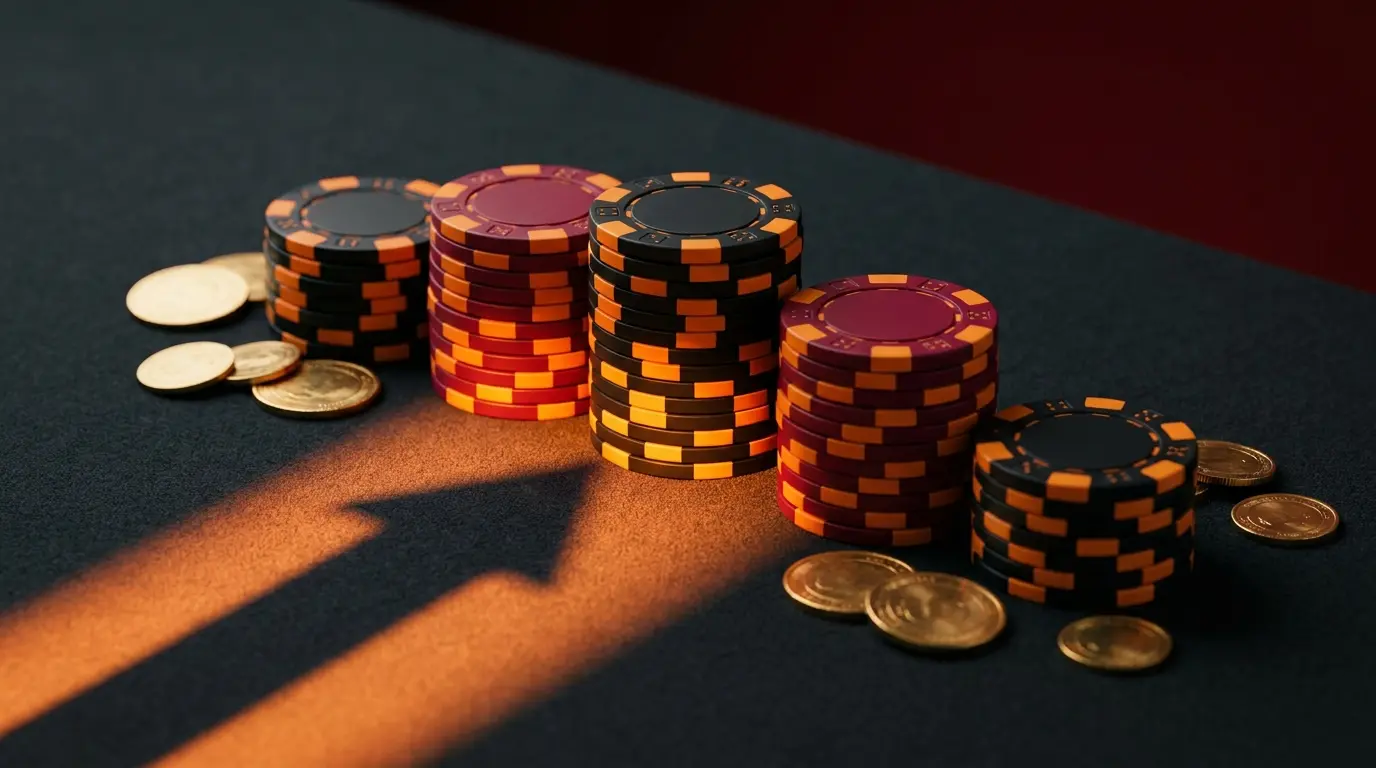 Casino fiches met oranje verlichting en opwaartse pijl schaduw