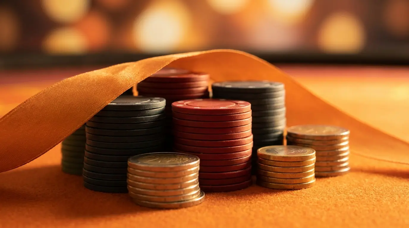 Pokerfiches en euromunten met oranje lint op casinotafel