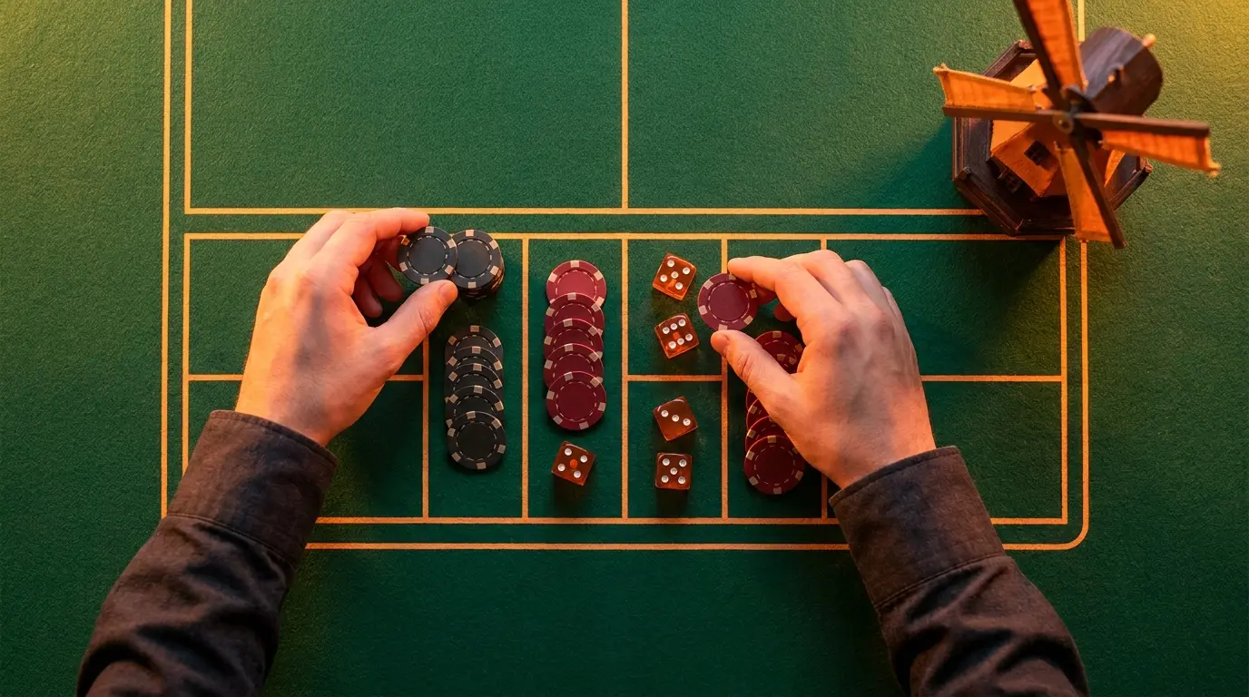 Bovenaanzicht van handen met fiches en Nederlandse decoratie