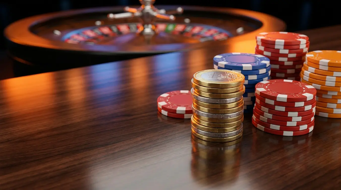 Euro munten en casino fiches met Nederlandse kleuren
