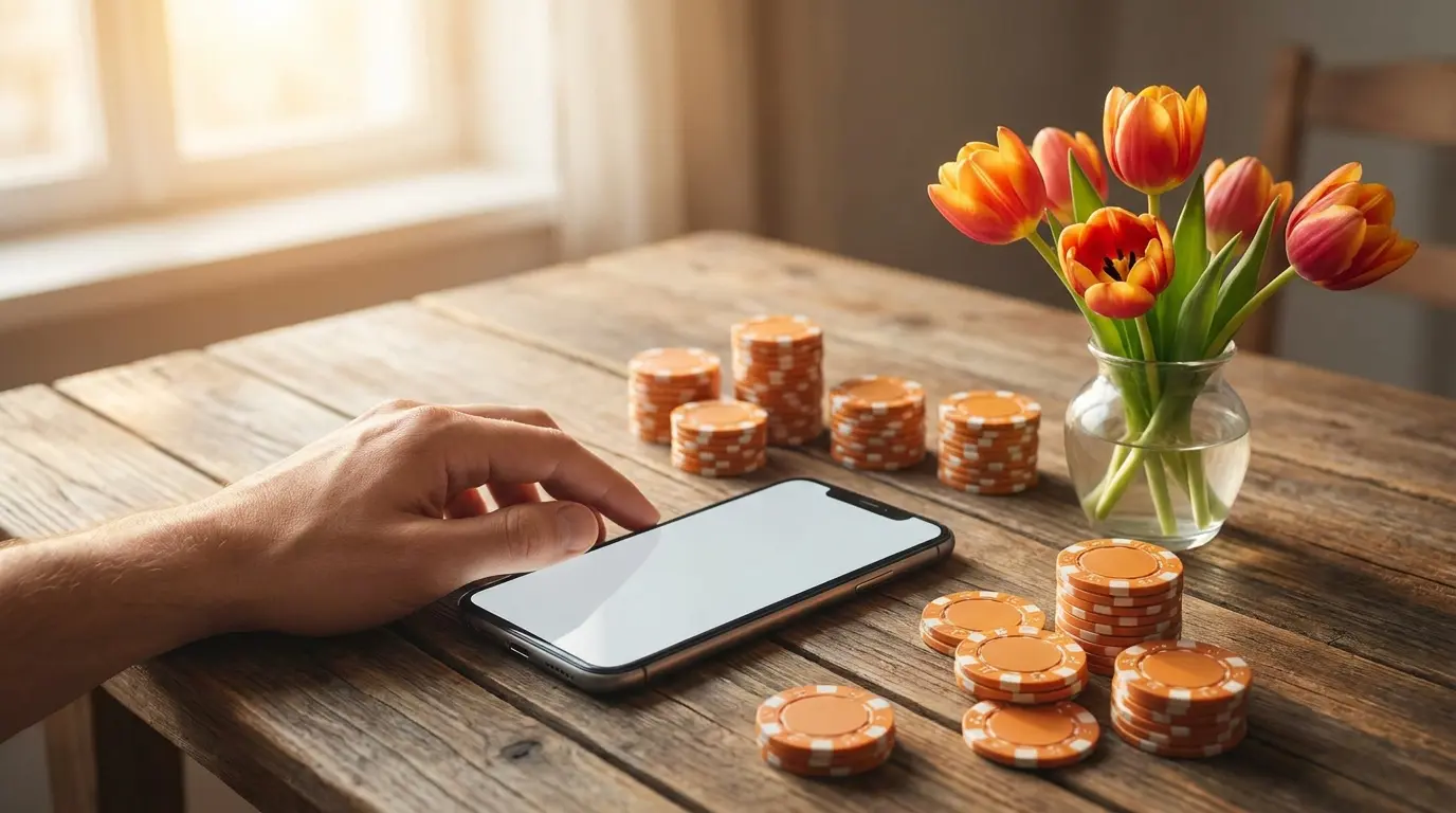 Smartphone met gokchips en Nederlandse tulpen op tafel